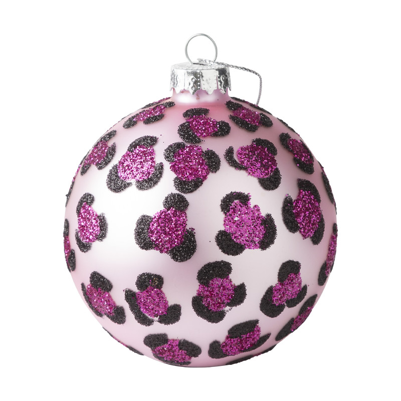 Kerstbal luipaard - roze - ⌀8 cm 